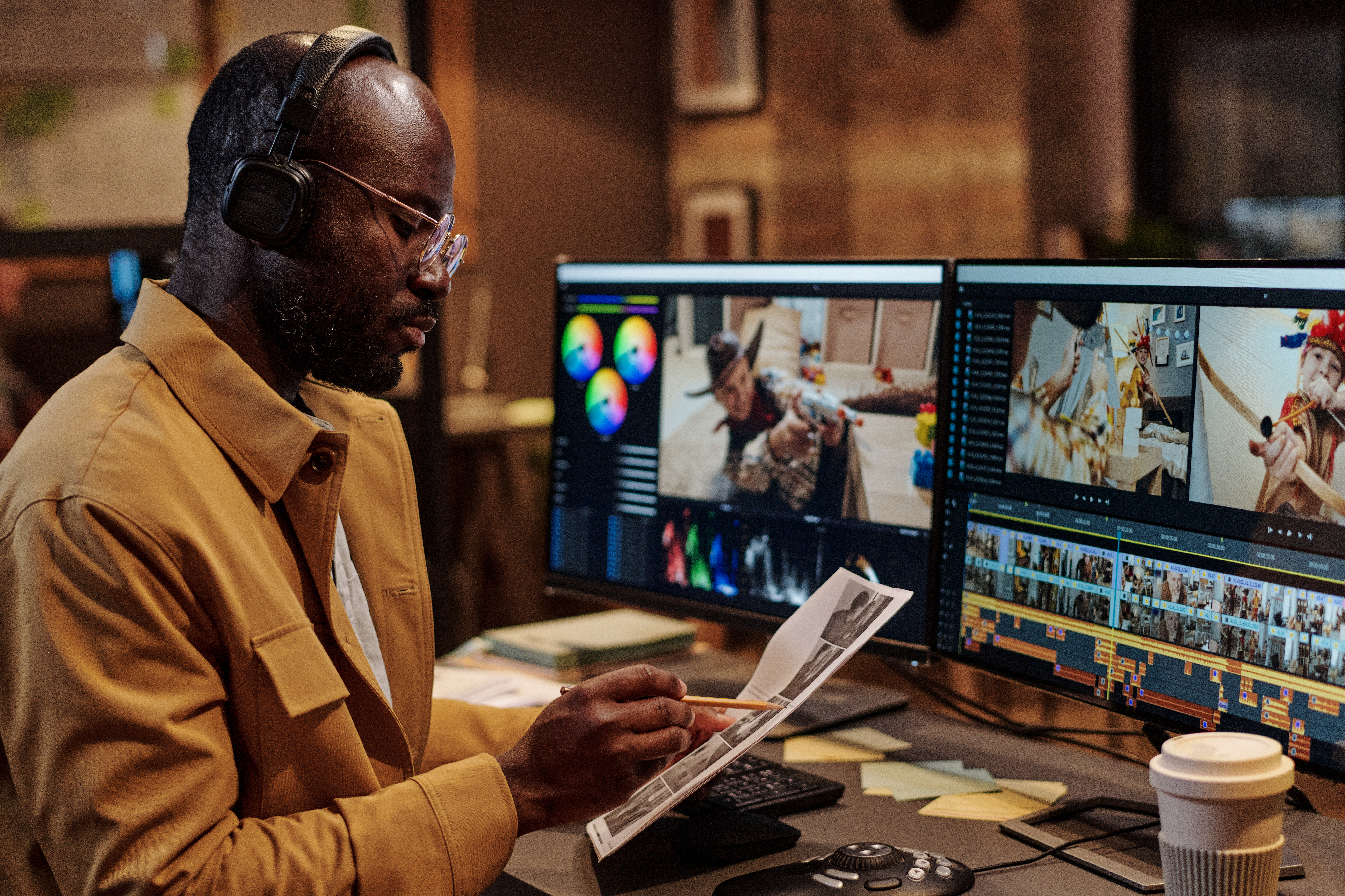 Serious photo editor in headphones reading script before photo editing while sitting at table with computer at office